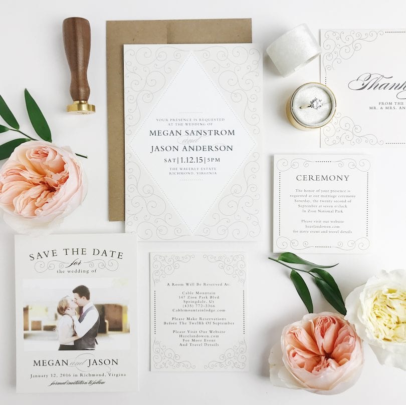 Wedding invitation suites that include that include save the dates, wedding invitations, enclosure cards, wedding menus, wedding programs, and even matching thank you cards