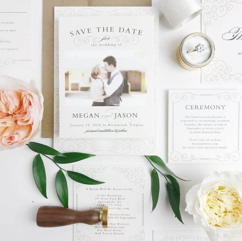 Wedding invitation suites that include that include save the dates, wedding invitations, enclosure cards, wedding menus, wedding programs, and even matching thank you cards