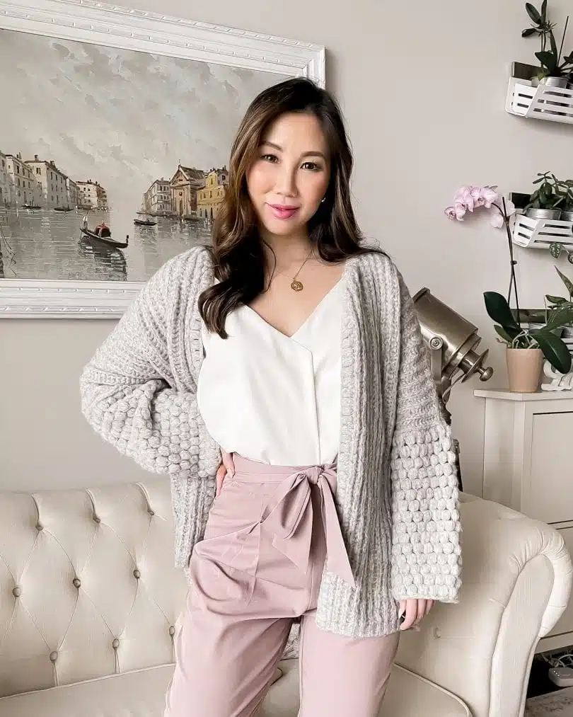 Casual work from home outfit - cami + cardigan + paper bag pants. Style by Eileen of Yesmissy.com