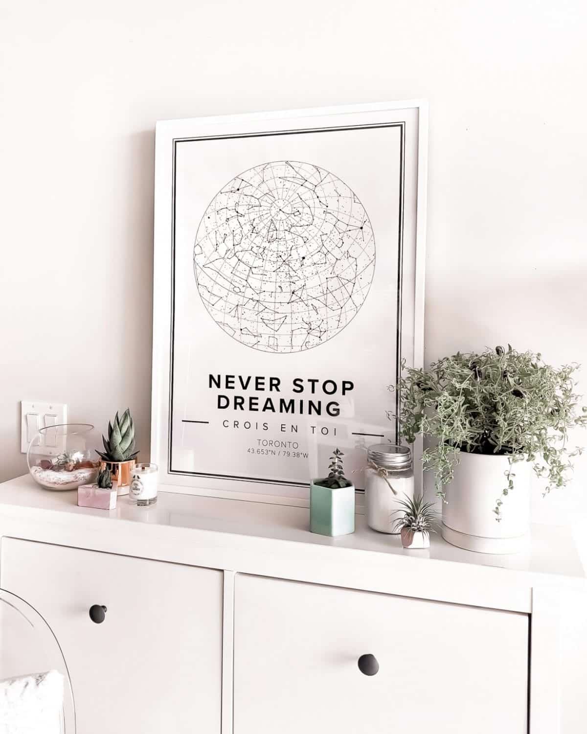 High Quality Buying Tip #4 - Don't be fooled by staging. For more home buying tips visit yesmissy.com.  Picture of artwork on shelf with decorative plants.  