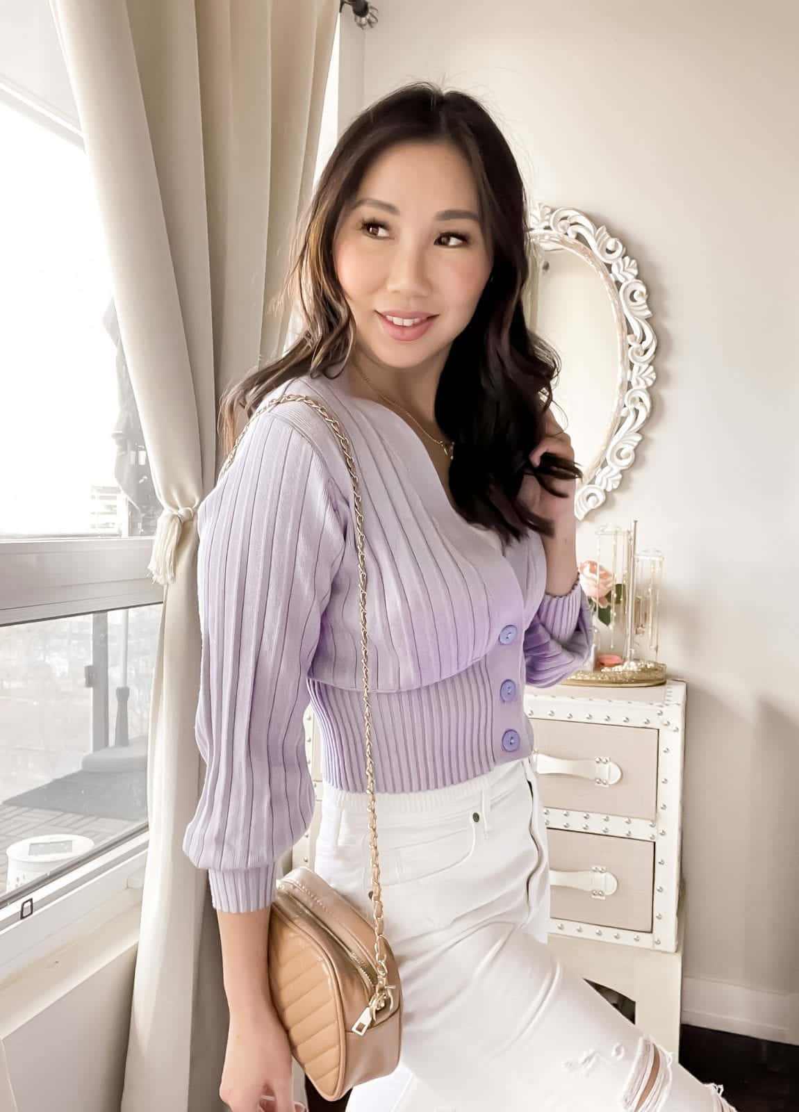 Spring/Summer OOTD: Cute lilac cardigan with white jeans styled by Eileen Lazazzera of yesmissy.com