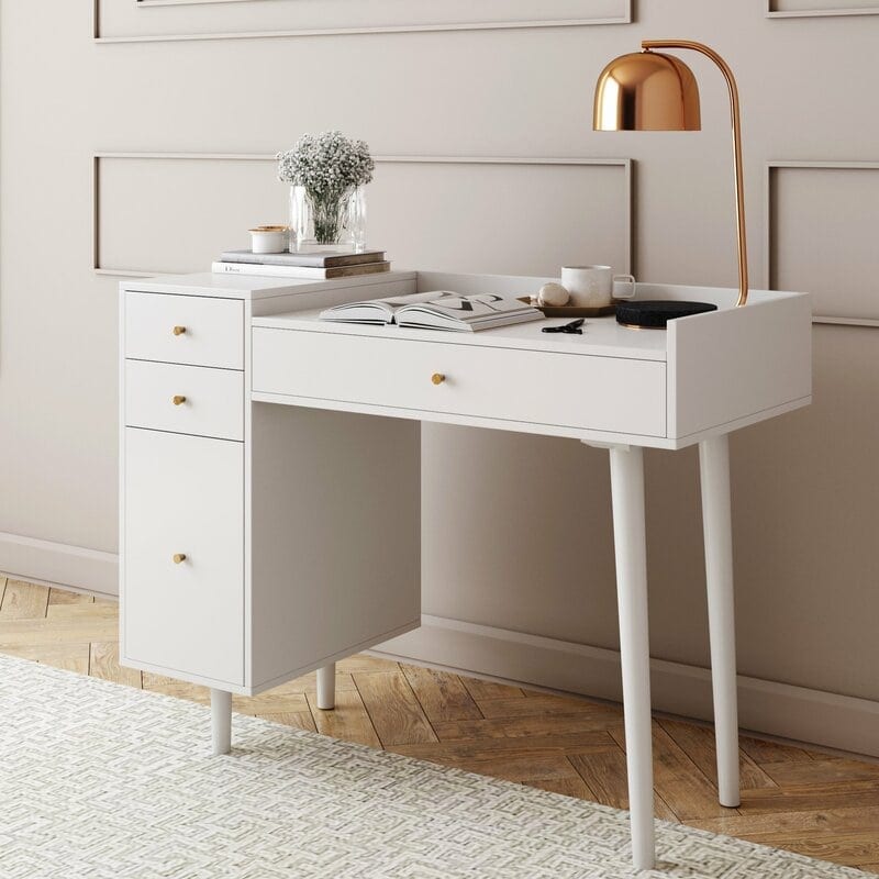 Mid century style desk from Wayfair. Chic and versatile, and can be used as a desk or vanity!