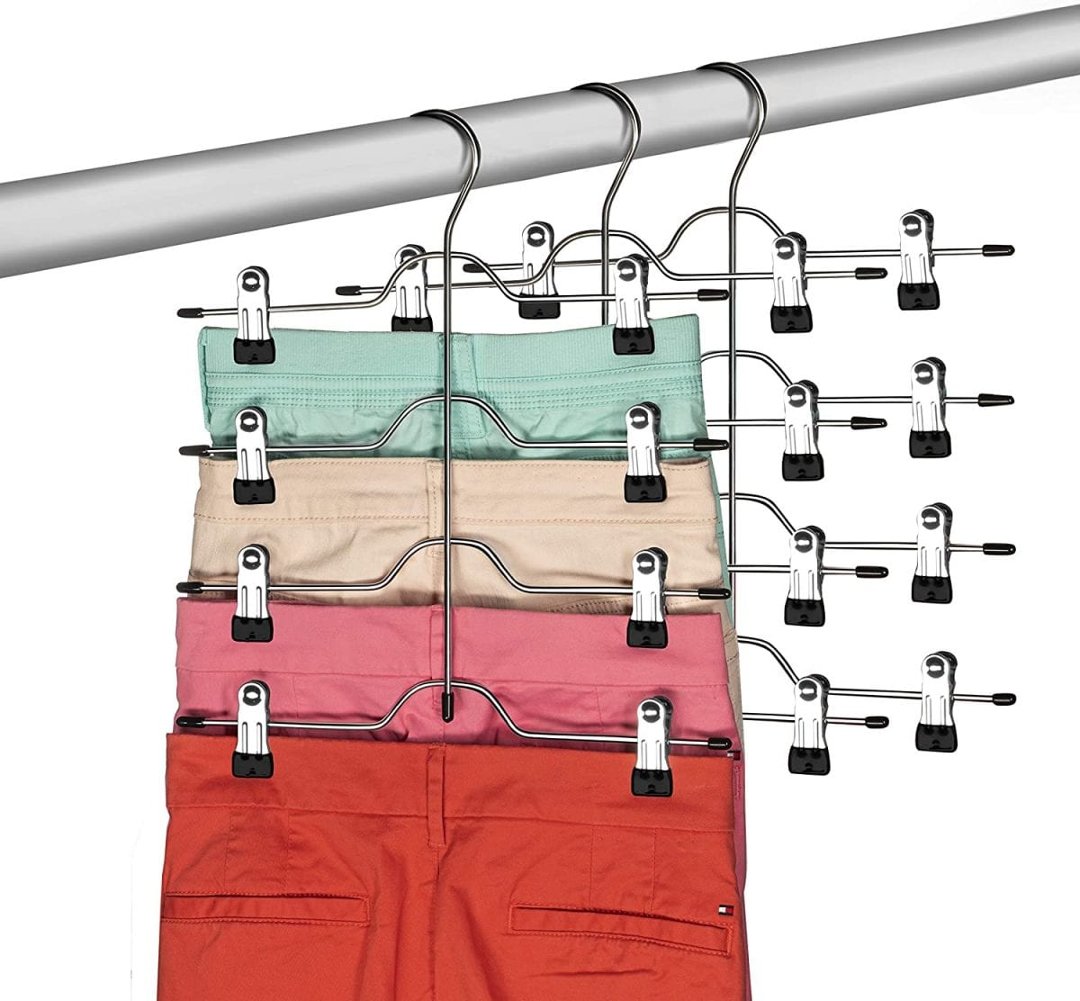 Space saving tip: use this tiered pants and skirts hangers to store your clothes. Plus it makes them easier to find too!