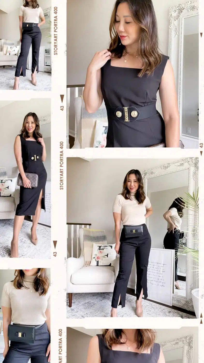 Workwear outfit ideas - new SHEIN premium MOTF review. Little black dress, knit top and black pants. Styled by Eileen Lazazzera of yesmissy.com