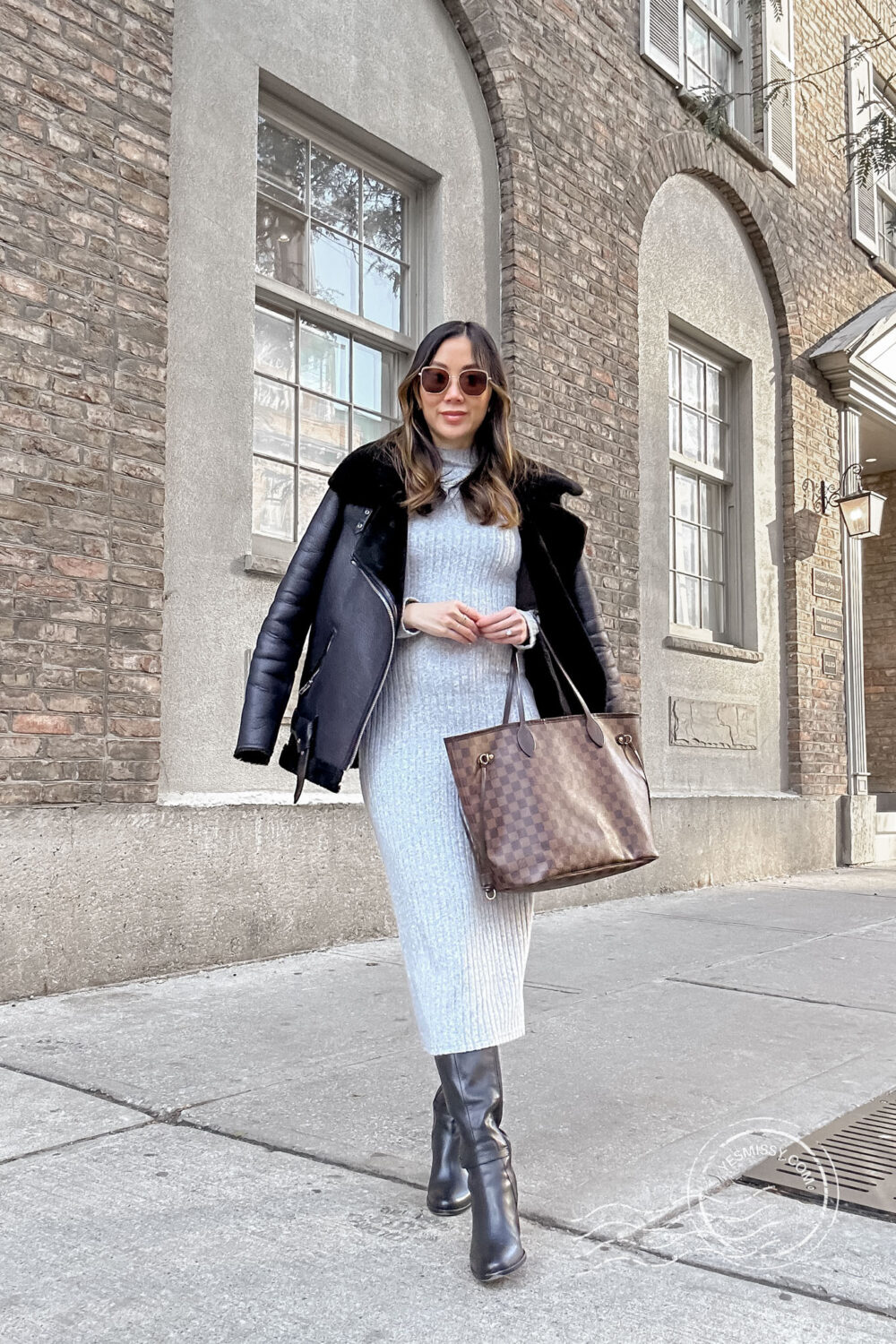 Stylish Fall Outfit with cozy sweater dress and shearling jacket with boots. More outfit ideas on yesmissy.com