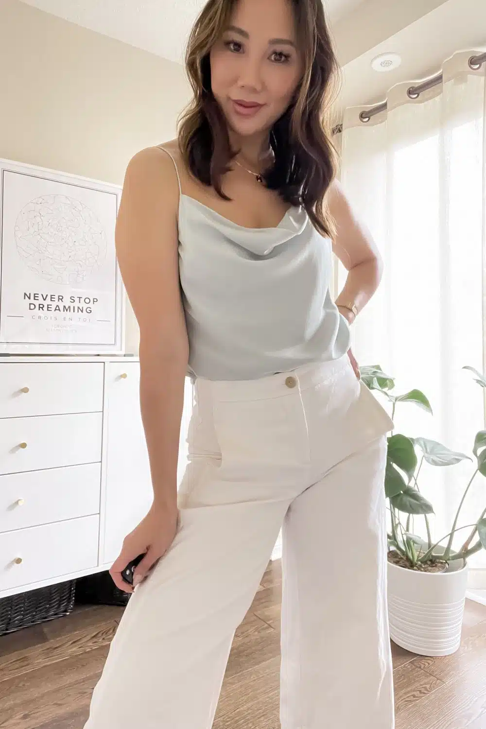 See more silk cami outfits, top outfits, satin top outfit, silk outfit... How to wear silk slip cowl tank cami top with jeans shorts cool outfit every day.