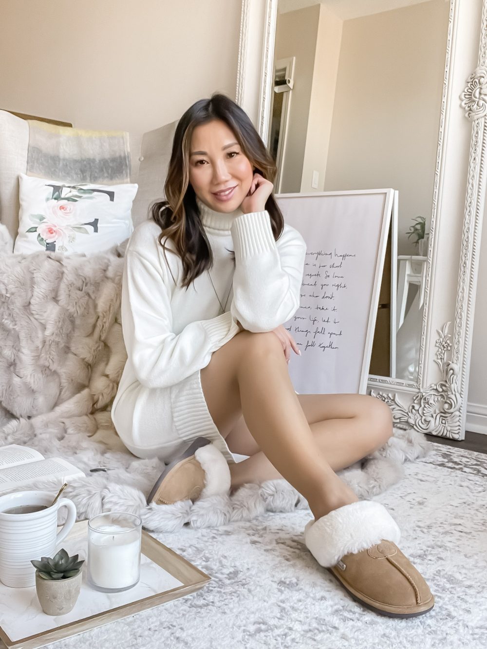 Cozy sweaterdress outfit for winter with sheepskin slippers. Styled by Eileen Lazazzera of yesmissy.com