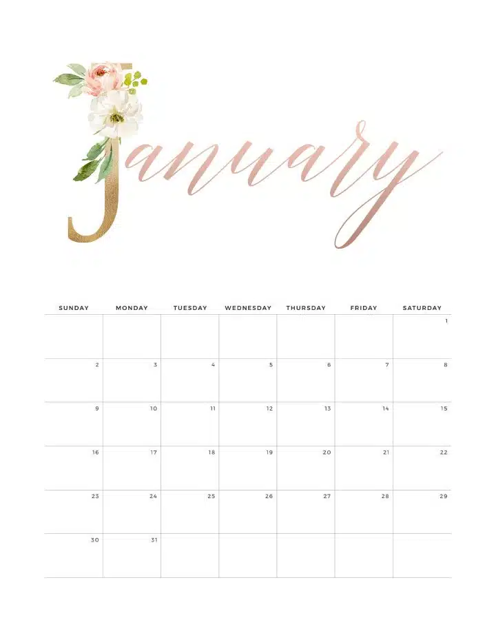 20 free printable calendars including this cute monthly calendar with elegant floral design.