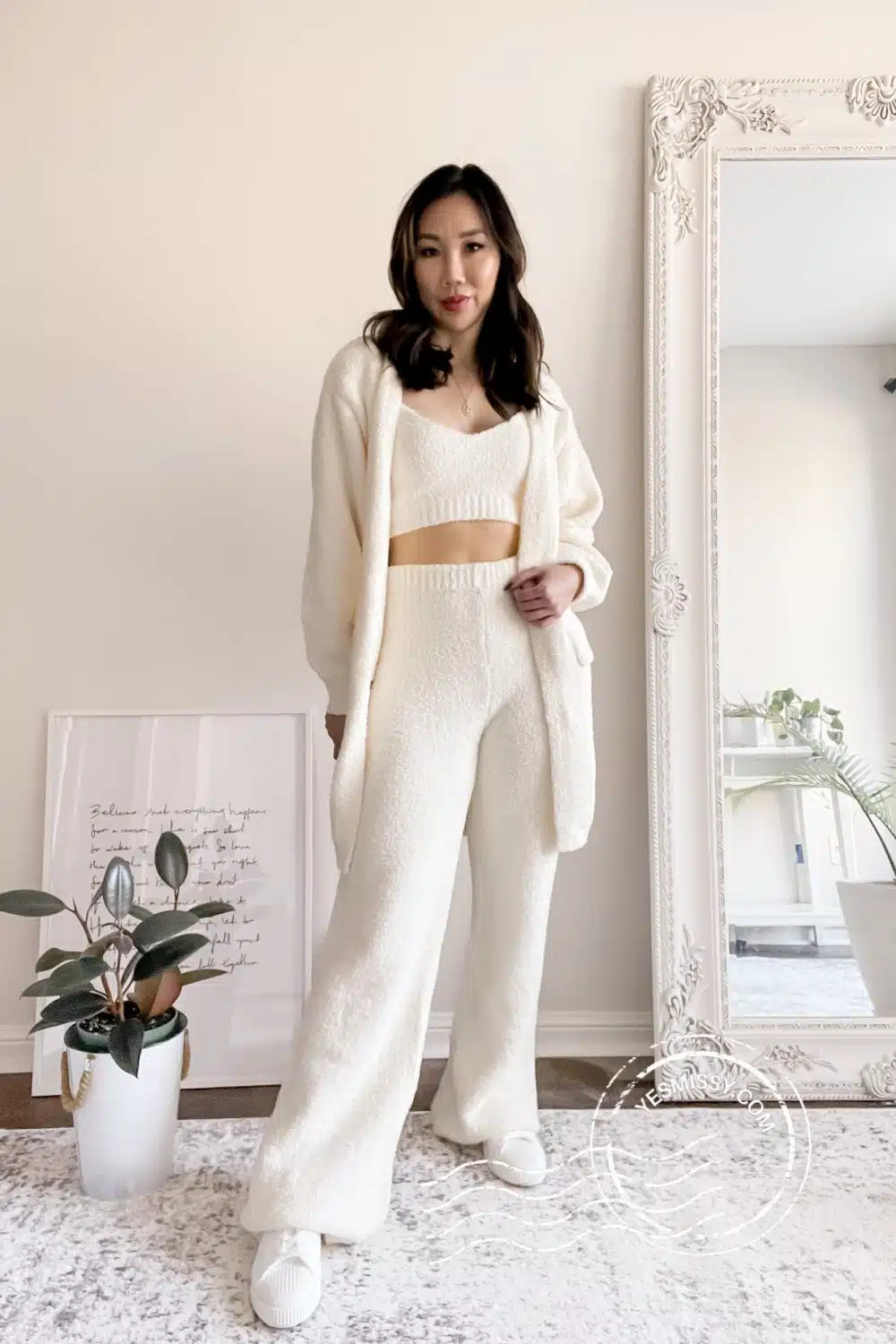 Basics for Replica Luxury Handbag - lounge wear set with wide leg pants, crop top and cardigan. More casual looks, weekend outfits and style tips on yesmissy.com