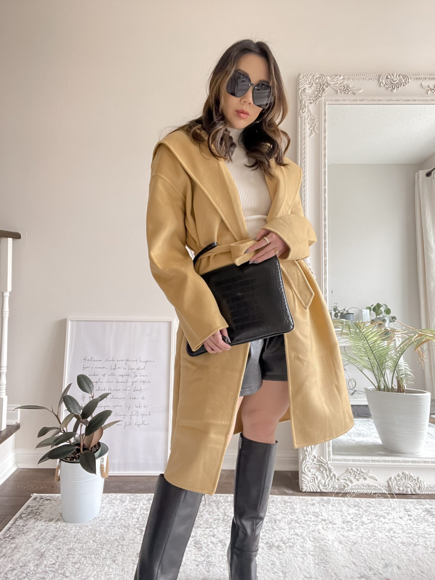 Oversized wool coat with knee high boots and leather shorts. Get the details and see more going out outfits on yesmissy.com