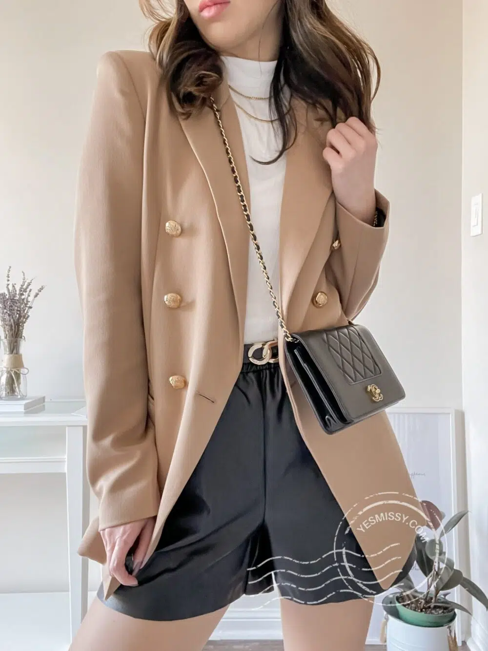 Parisian chic - camel blazer, leather shorts, Chanel WOC styled by Eileen Lazazzera of yesmissy.com This beige blazer is a great basic that you can wear year round. 