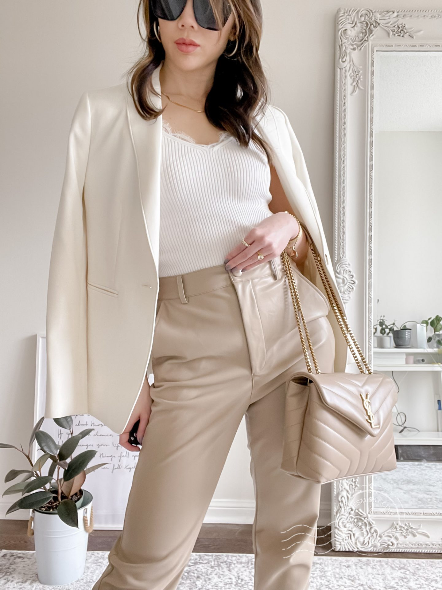 Neutral Outfit for Spring - office look with beige faux leather pants, cream blazer, lace cami, YSL Loulou bag. more on yesmissy.com