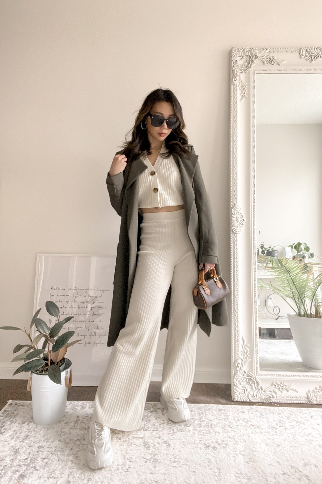 Weekend casual outfit for spring - knit loungewear set with trench coat and chunky sneakers. Styled by Eileen Lazazzera of yesmissy.com