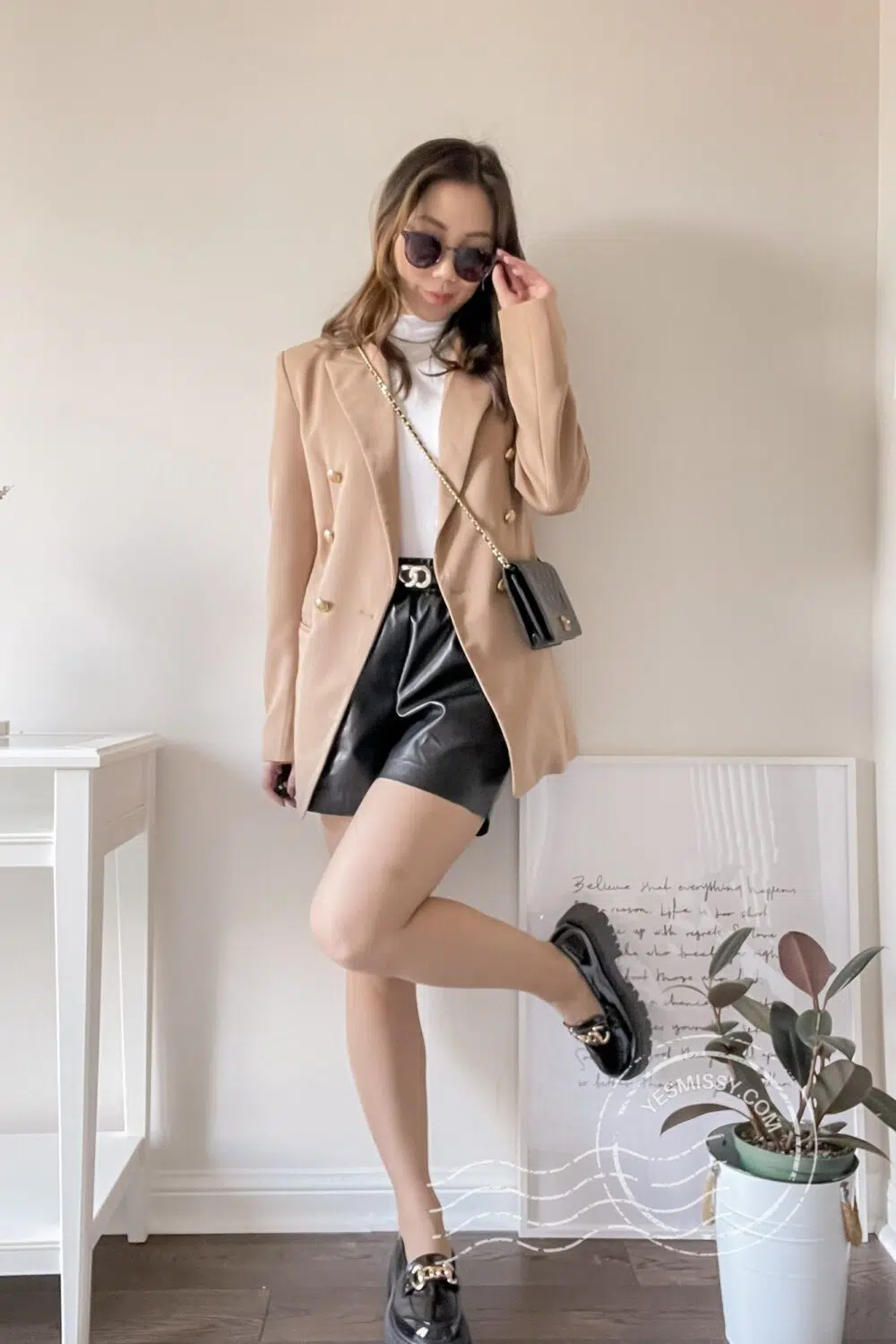 Spring Outfit - Leather shorts outfit with blazer and chunky loafers. More spring and summer outfit ideas on yesmissy.com