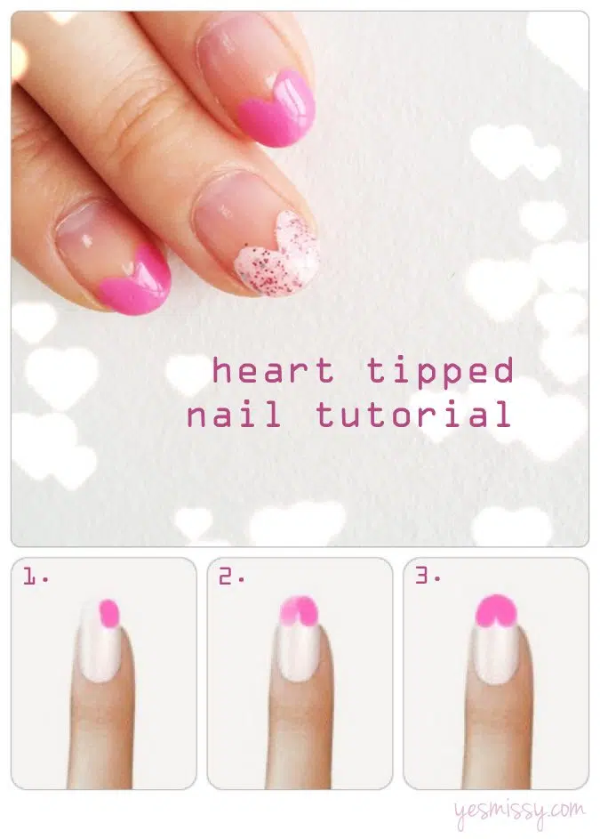 Step by Step tutorial to creating heart nail art. Get the full nail tutorial for heart nails at yesmissy.com