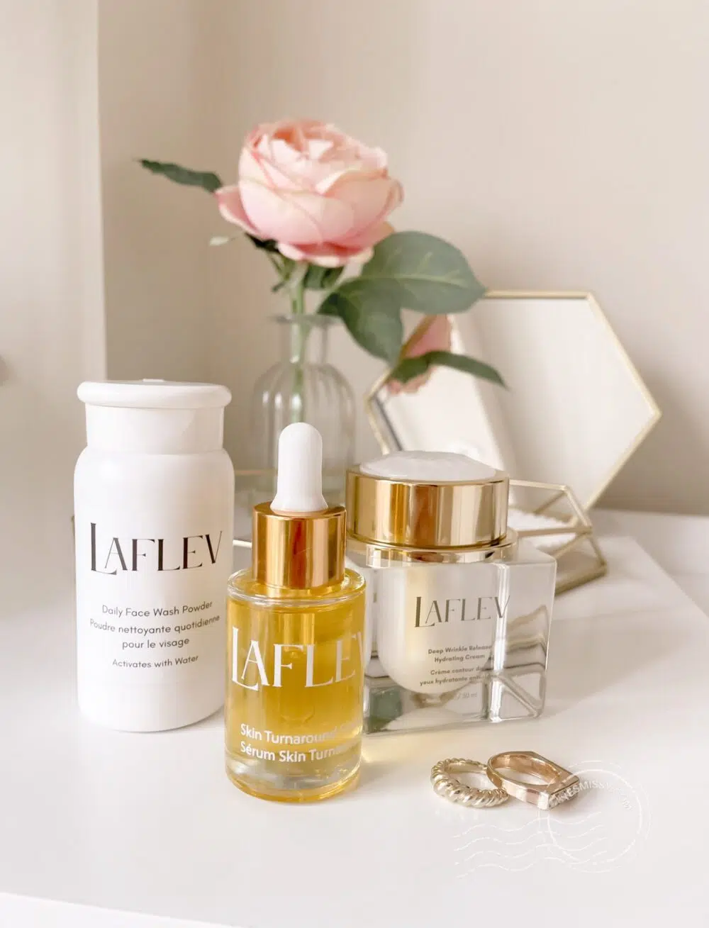 Reviewing 3 skincare products from LaFlev: Daily Face Wash Powder, Skin Turnaround Serum, and Deep Wrinkle Release Hydrating Cream.