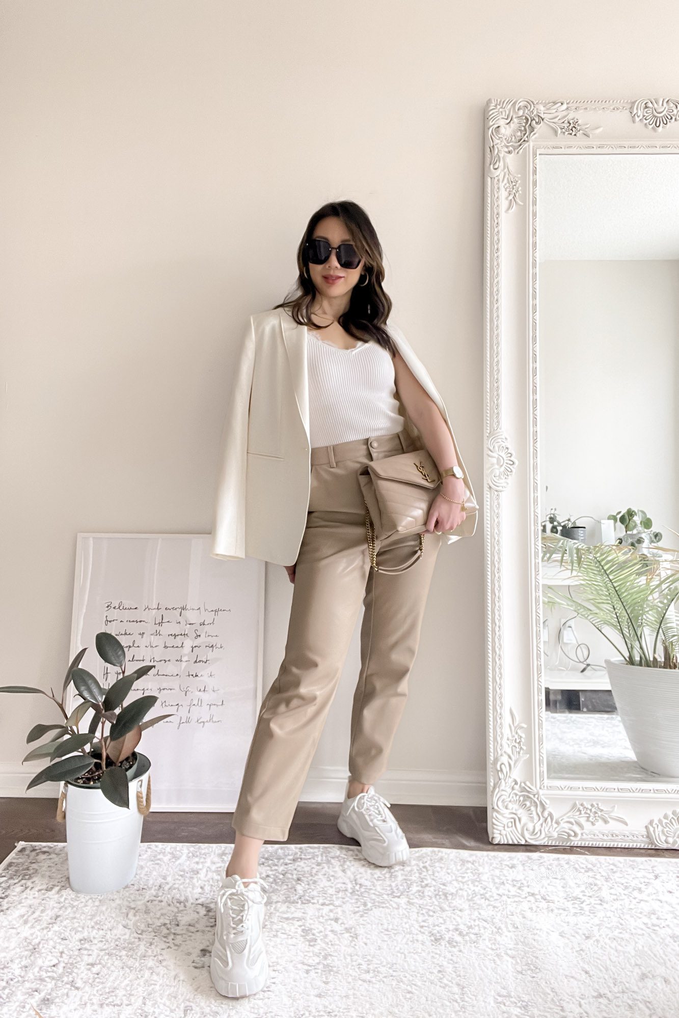 Neutral Outfit Ideas - casual office outfit with brown faux leather pants, white blazer, sneakers, YSL Loulou bag. Clothing from SHEIN, MOTF, Ann Taylor.  