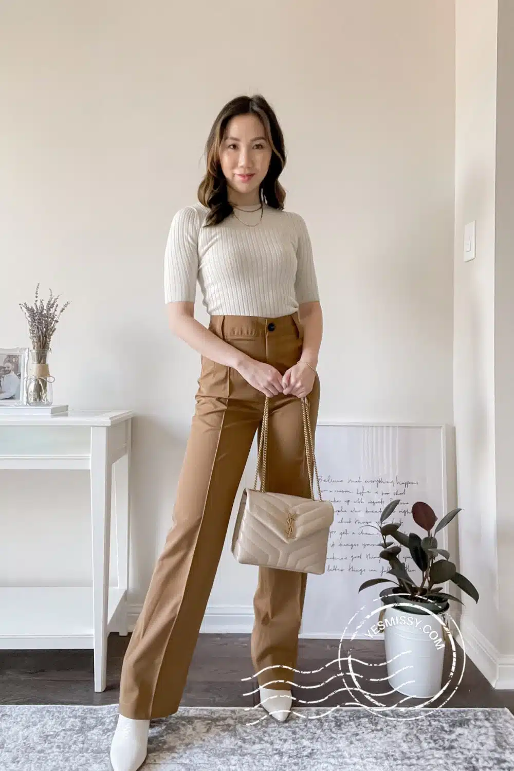 Spring street style - brown straight pants with rib knit top from Aritzia and YSL Loulou bag