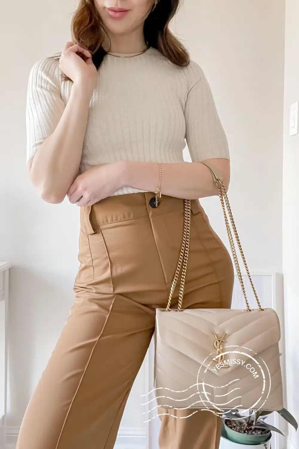 High rise brown trousers outfit for work - YSL Loulou Bag, Aritzia top