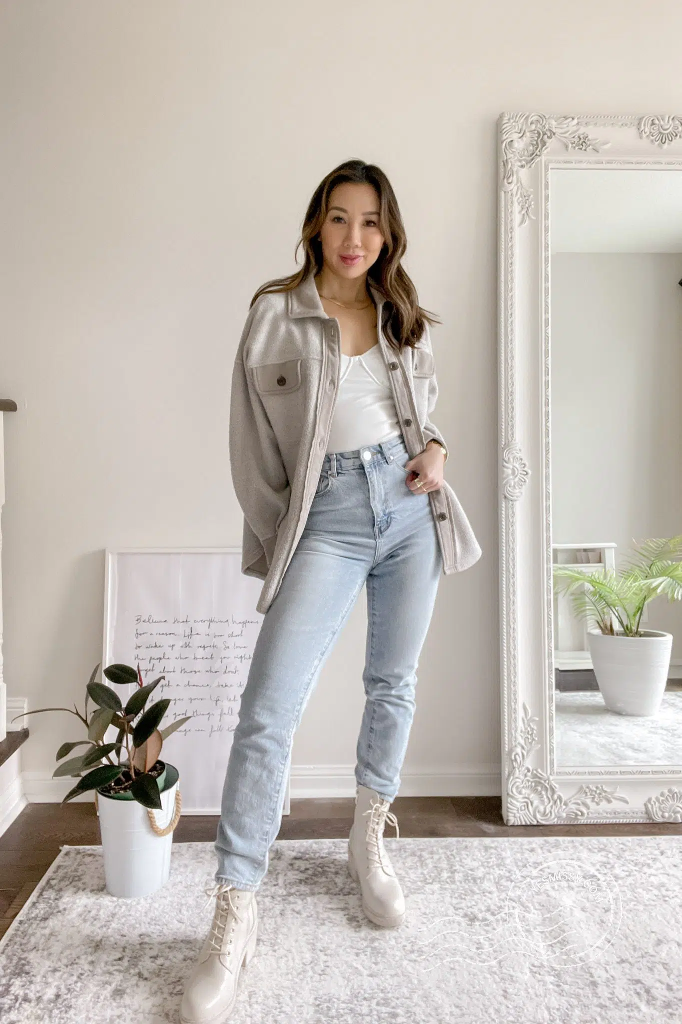 Nordstrom jeans and shacket outfit with white body suit and cream combat boots. Casual spring outfit for school and everyday. Get more casual outfit ideas on yesmissy.com