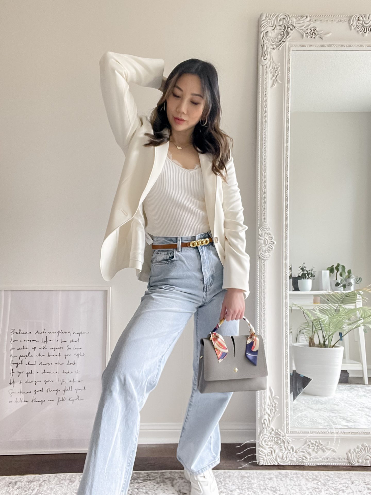 Casual blazer outfit with wide leg jeans, lace cami, Jeanne Lottie bag. Full outfit details on yesmissy.com