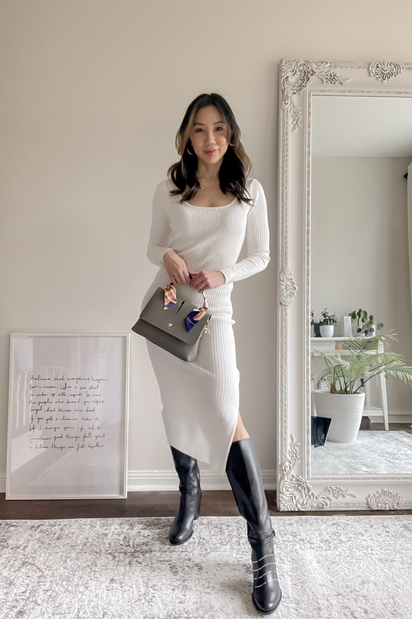 Spring date night outfit: white sweater dress with boots. Minimalist chic style in neutral tones. Get the outfit ideals on yesmissy.com