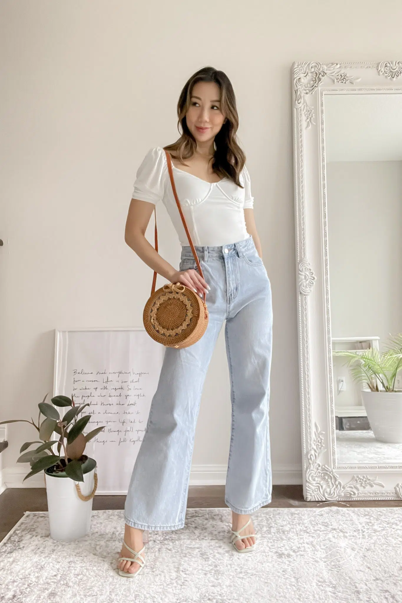 Wide leg jean outfit with white body suit, strappy sandals and straw summer bag. More summer outfit ideas and Nordstrom Anniversary Sale picks on yesmissy.com