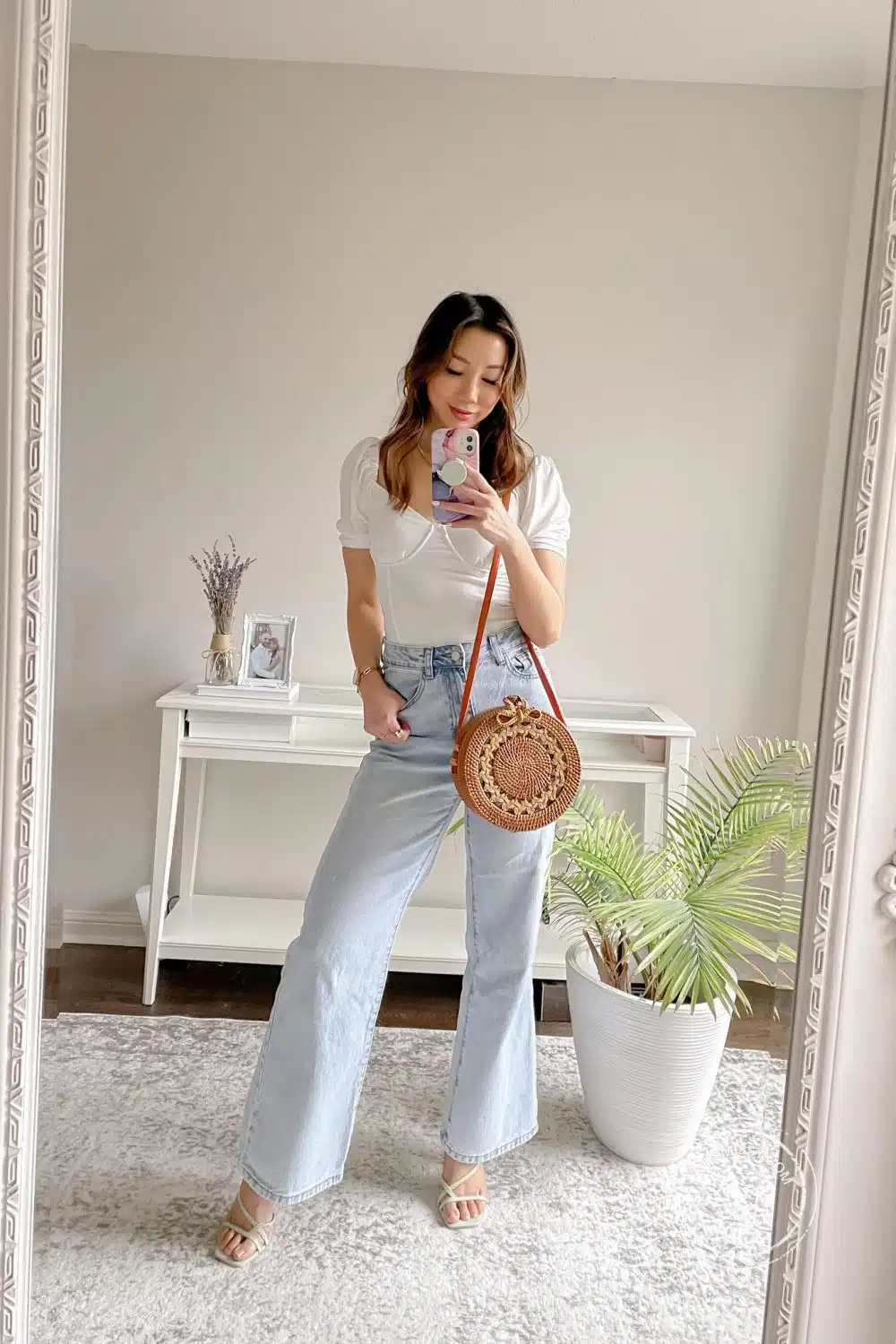 Nordstrom Sale Picks - white bodysuit from Astr the Label and wide leg jeans with mint sandals from Aldo Shoes