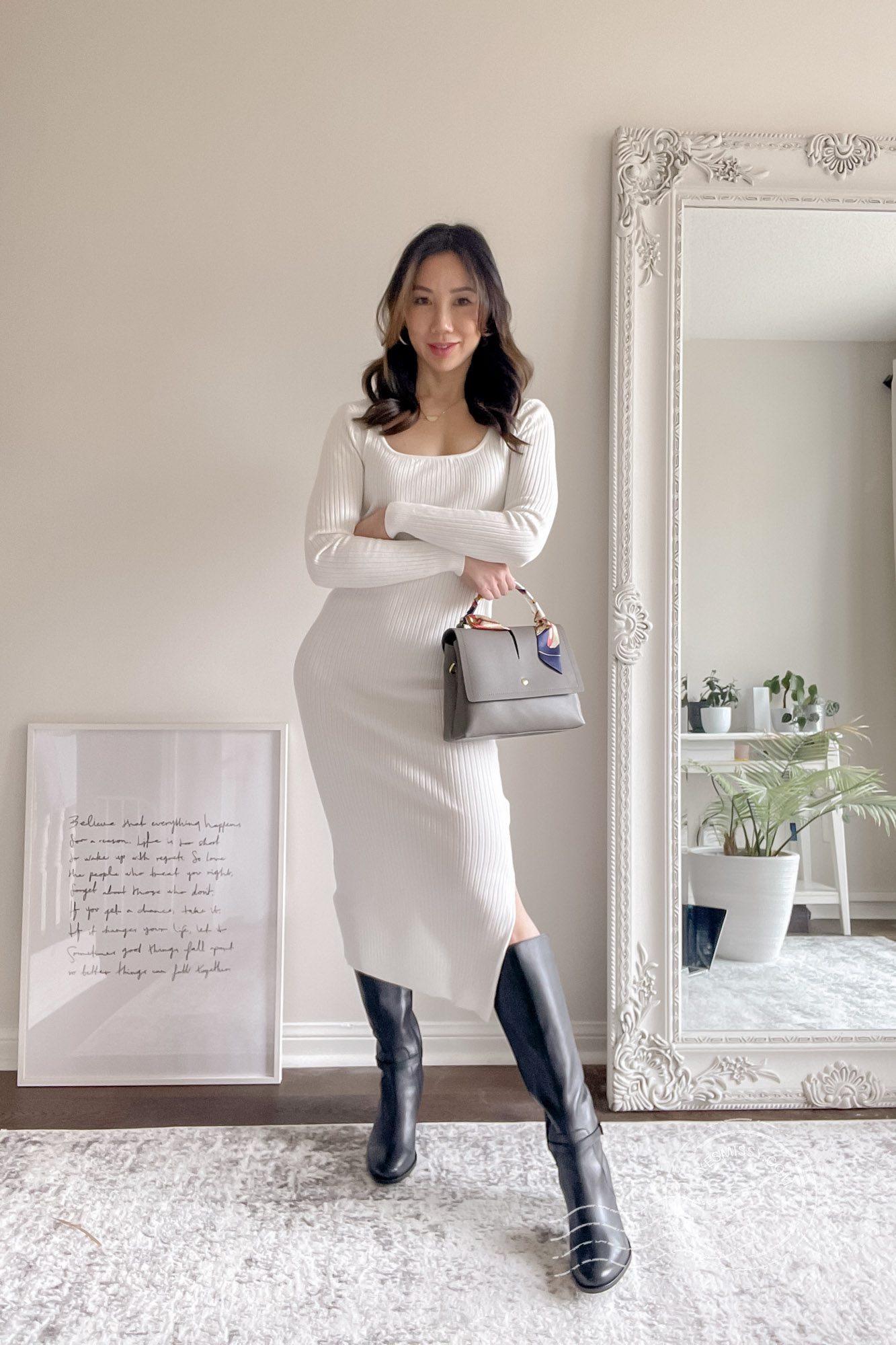 Spring/Summer date night outfit - white sweater dress with knee high boots. Styled by Eileen Lazazzera of yesmissy.com