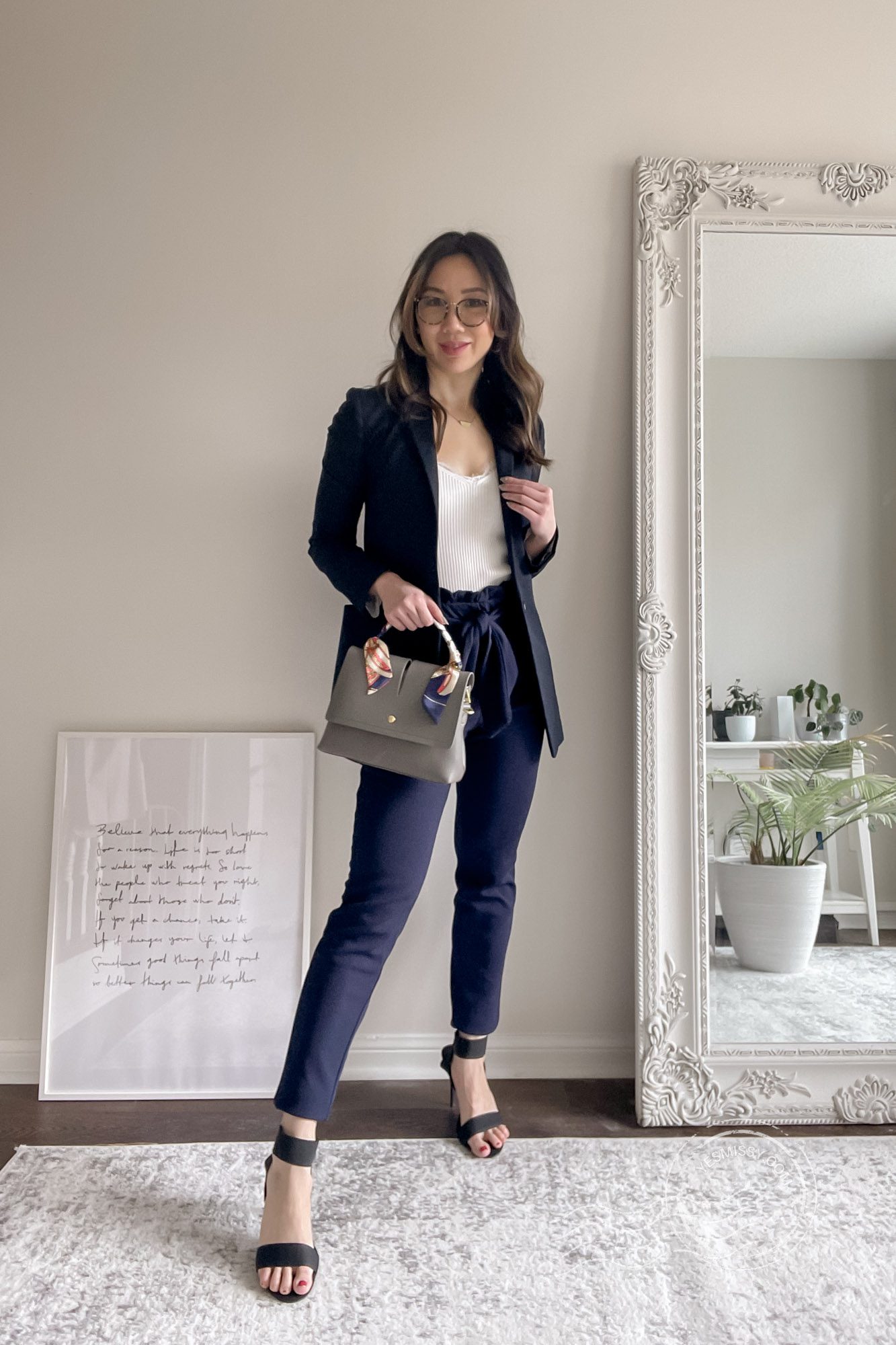 Office Outfit Ideas for Spring - Navy blazer outfit with slim pants, heeled sandals, lace cami and Jeanne Lottie Bag. See more workwear style inspo on yesmissy.com