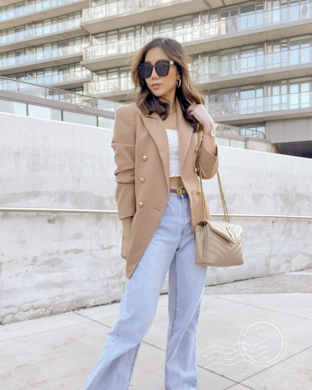 Casual outfit with tan blazer and jeans with YSL Loulou bag styled by Eileen Lazazzera of yesmissy.com