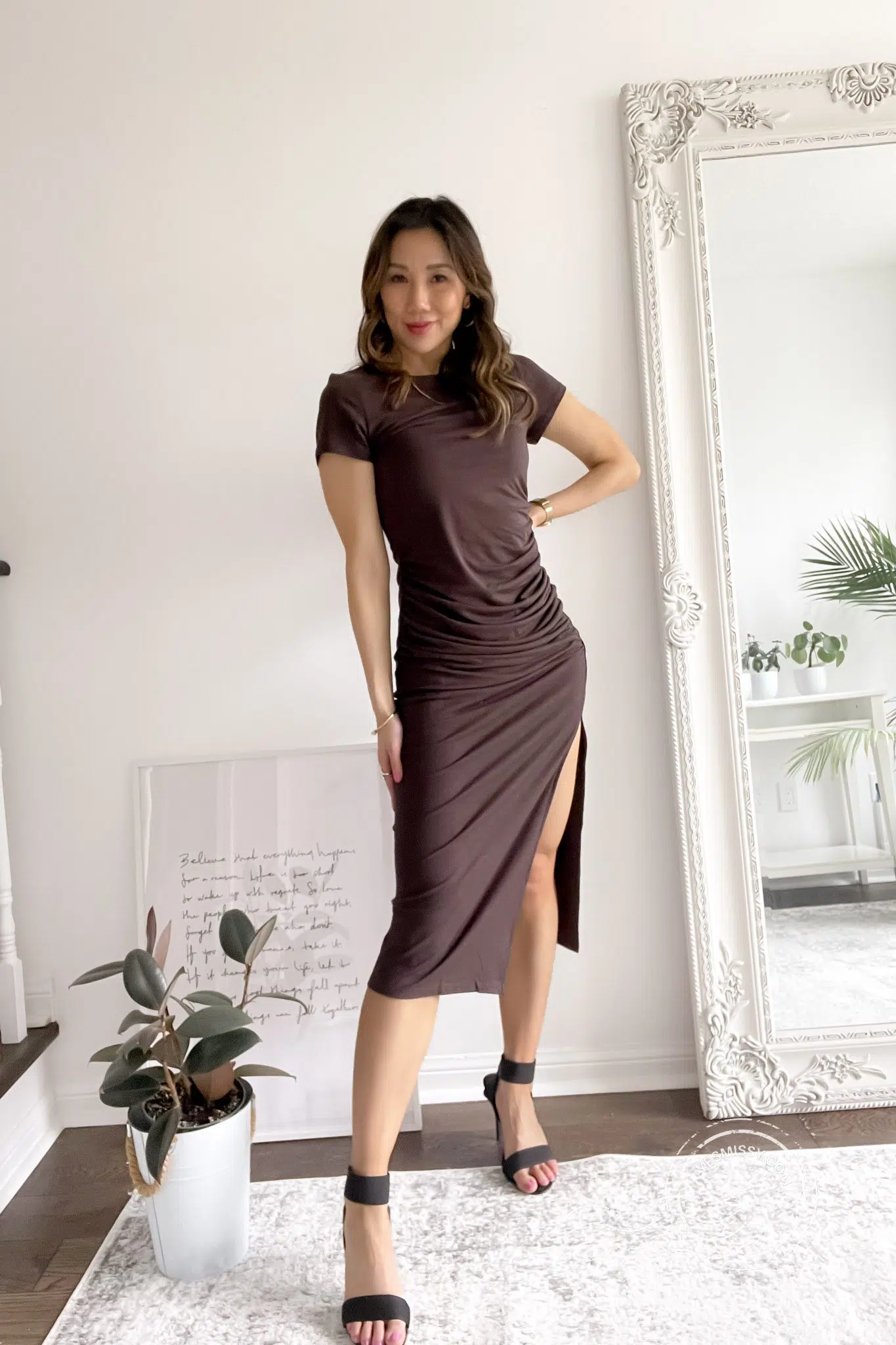 jersey midi dress in brown with ruching from Plenty. Get 10% off with code YESMISSY10.