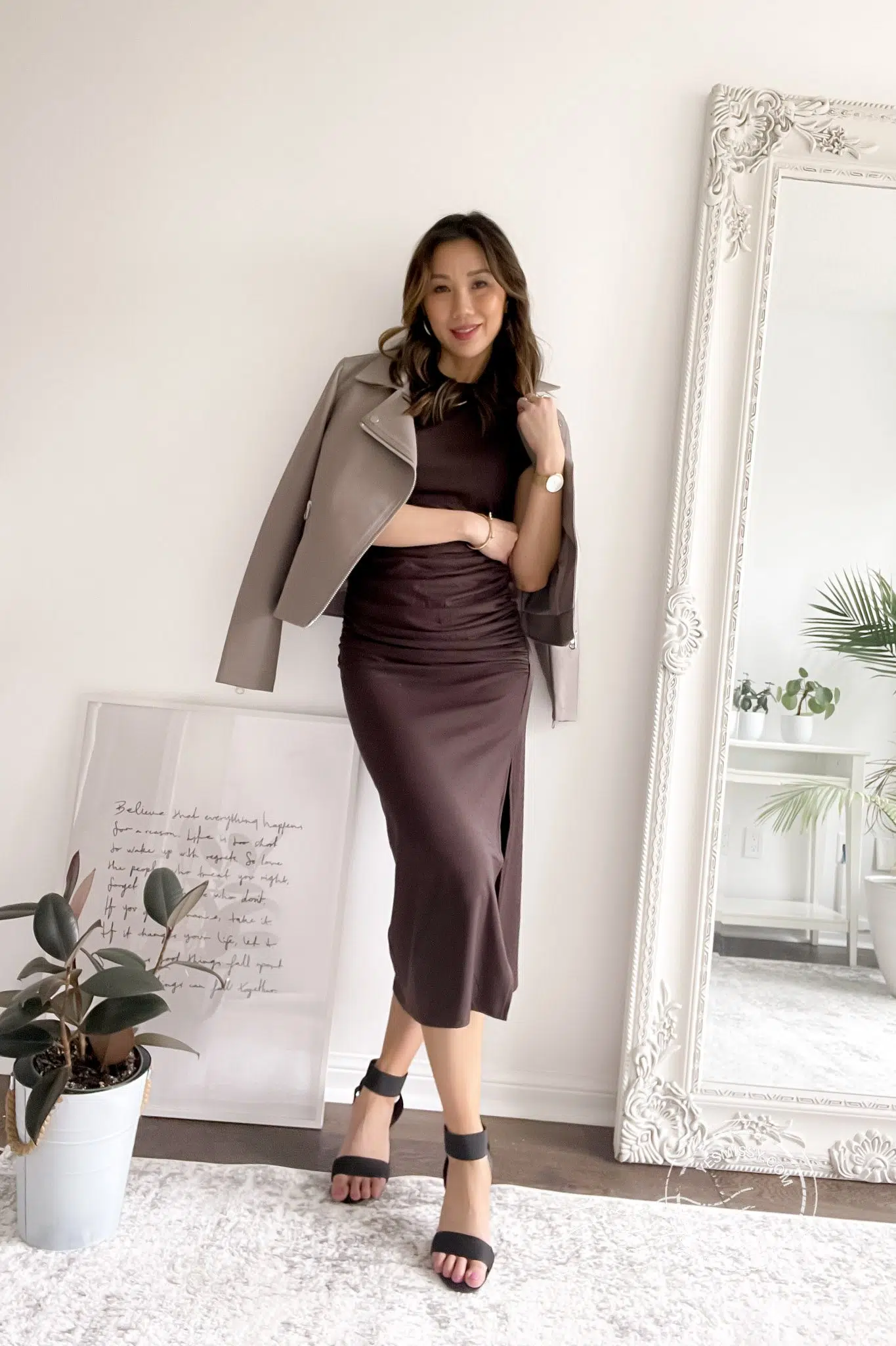 Date night look with brown midi dress and leather jacket. Styled by Eileen Lazazzera of yesmissy.com. Plenty X Best Luxury Handbag spring collaboration. 