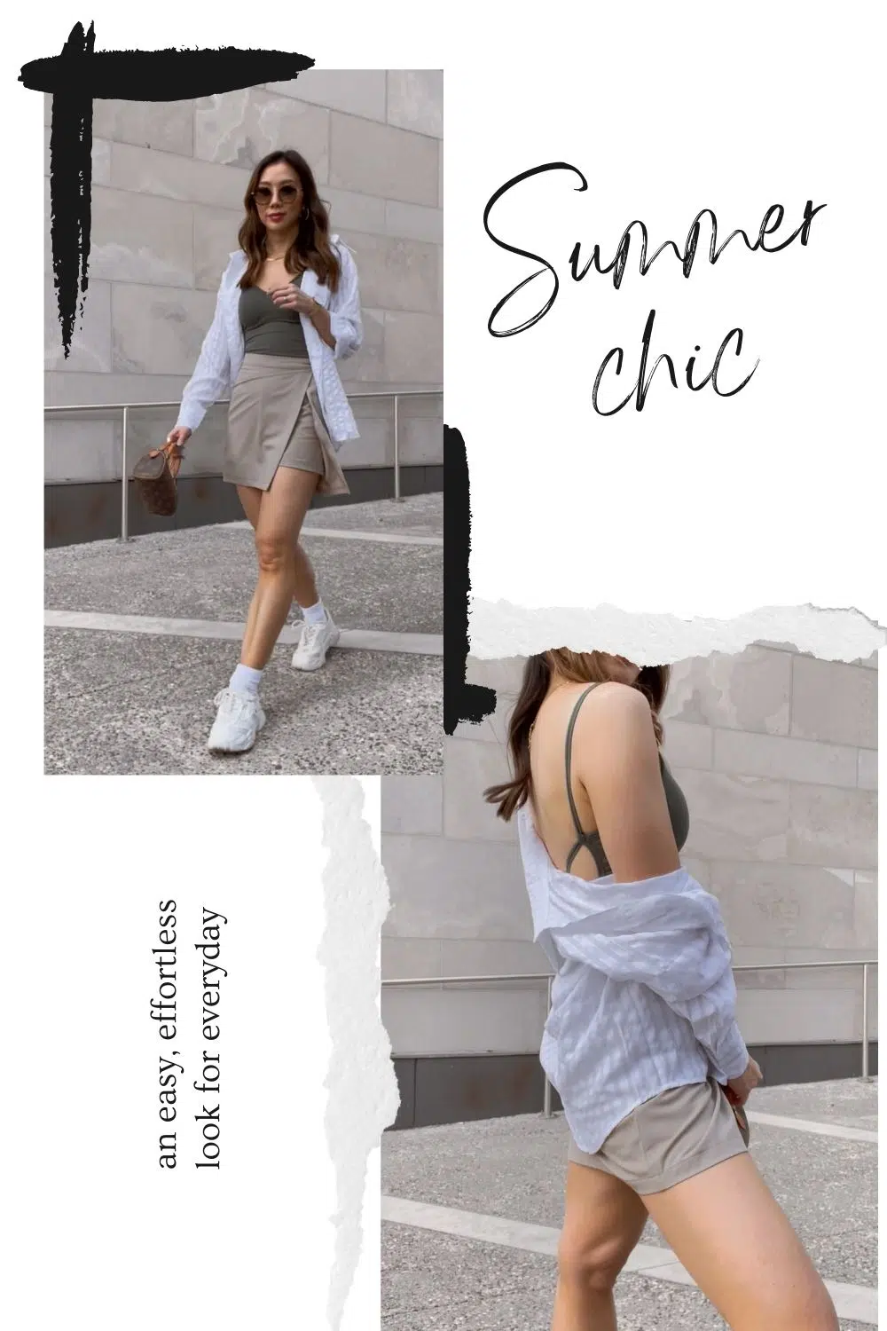 Summer chic effortless outfit - skort and tank top with button down. 