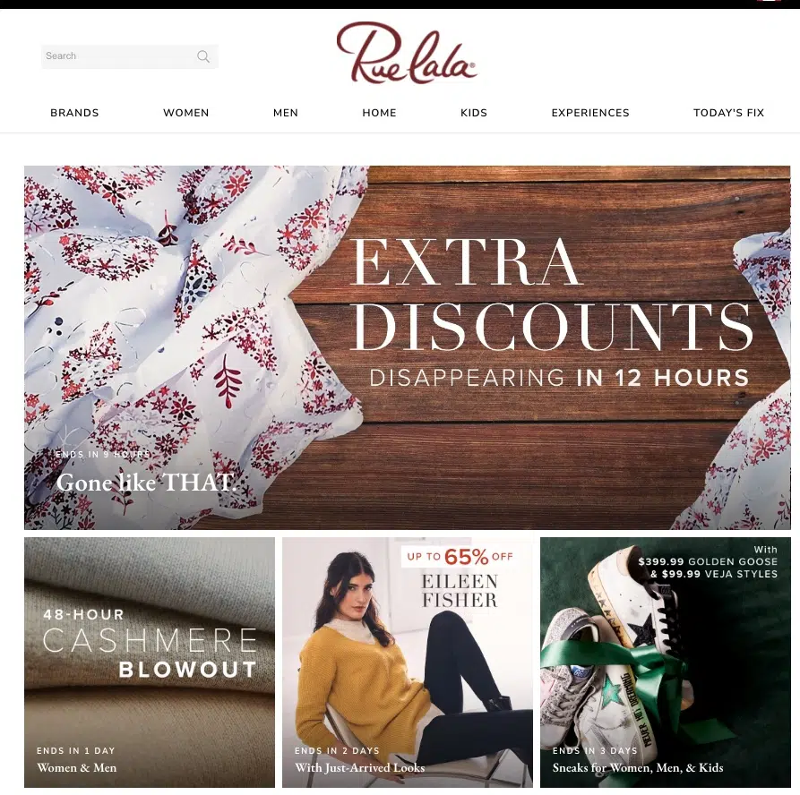 Ruelala offers sales and discounts on designer and brand name bags, clothing and shoes, for both women and men 