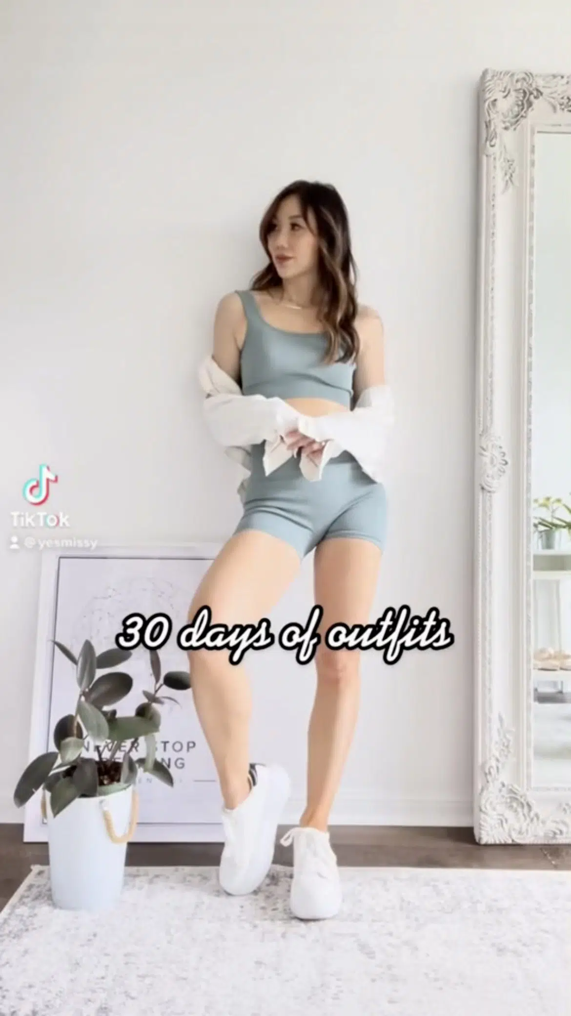 Day 2: Casual Fridays 💕 and every other day I don't leave the house. Sport set with biker shorts and croptop with white jean jacket #30daysofoutfits