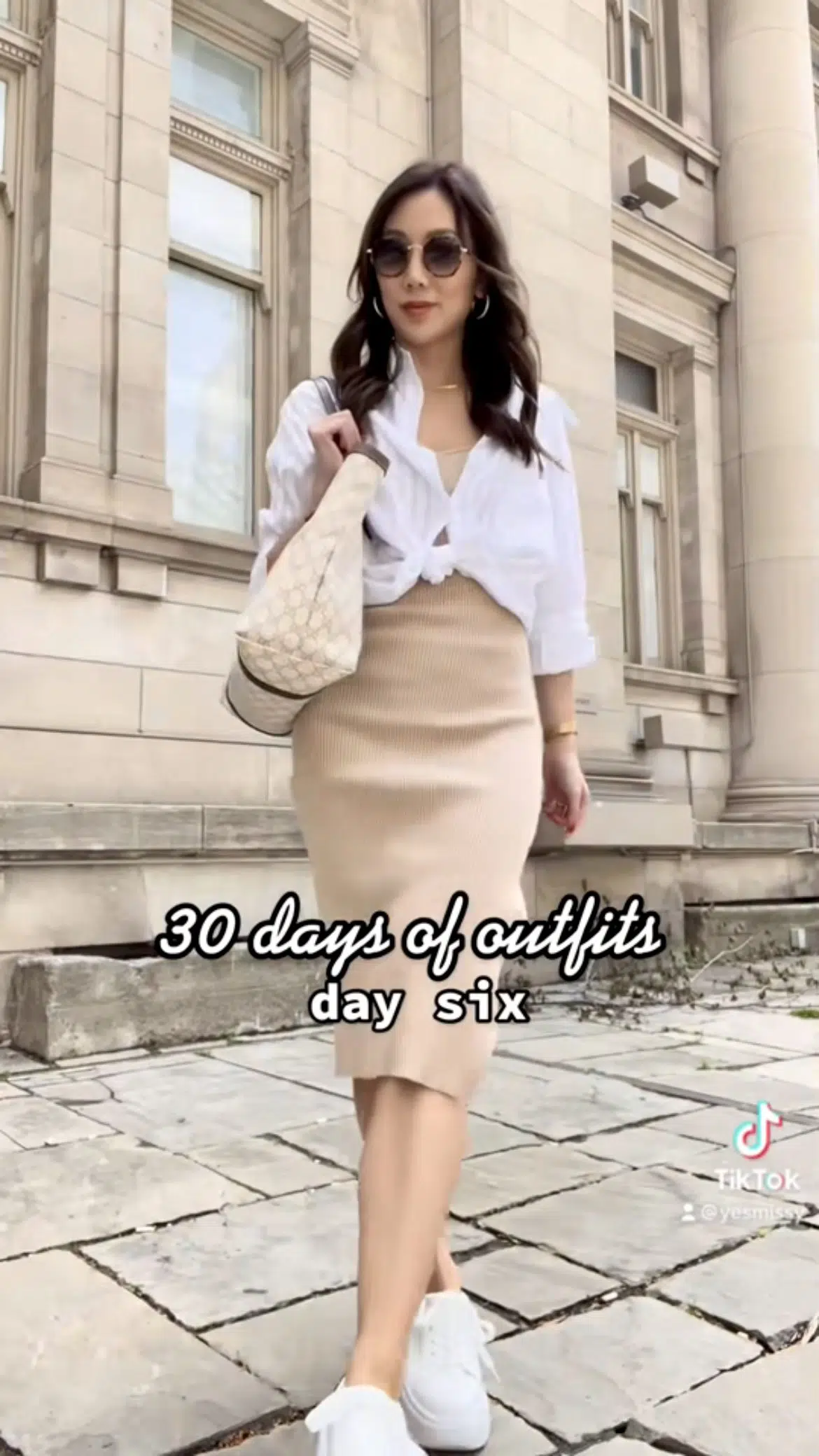 Day 6: Another casual work fit 👩🏻‍💻 With knit cami dress fr Nordstrom, button down shirt fr SHEIN, sunglasses from BonLook, with my Gucci tote and jewelry fr JENNY BIRD and Poppy & Peonies #30daysofoutfits #streetstyle #summeroutfits Styled by Eileen Lazazzera of yesmissy.com