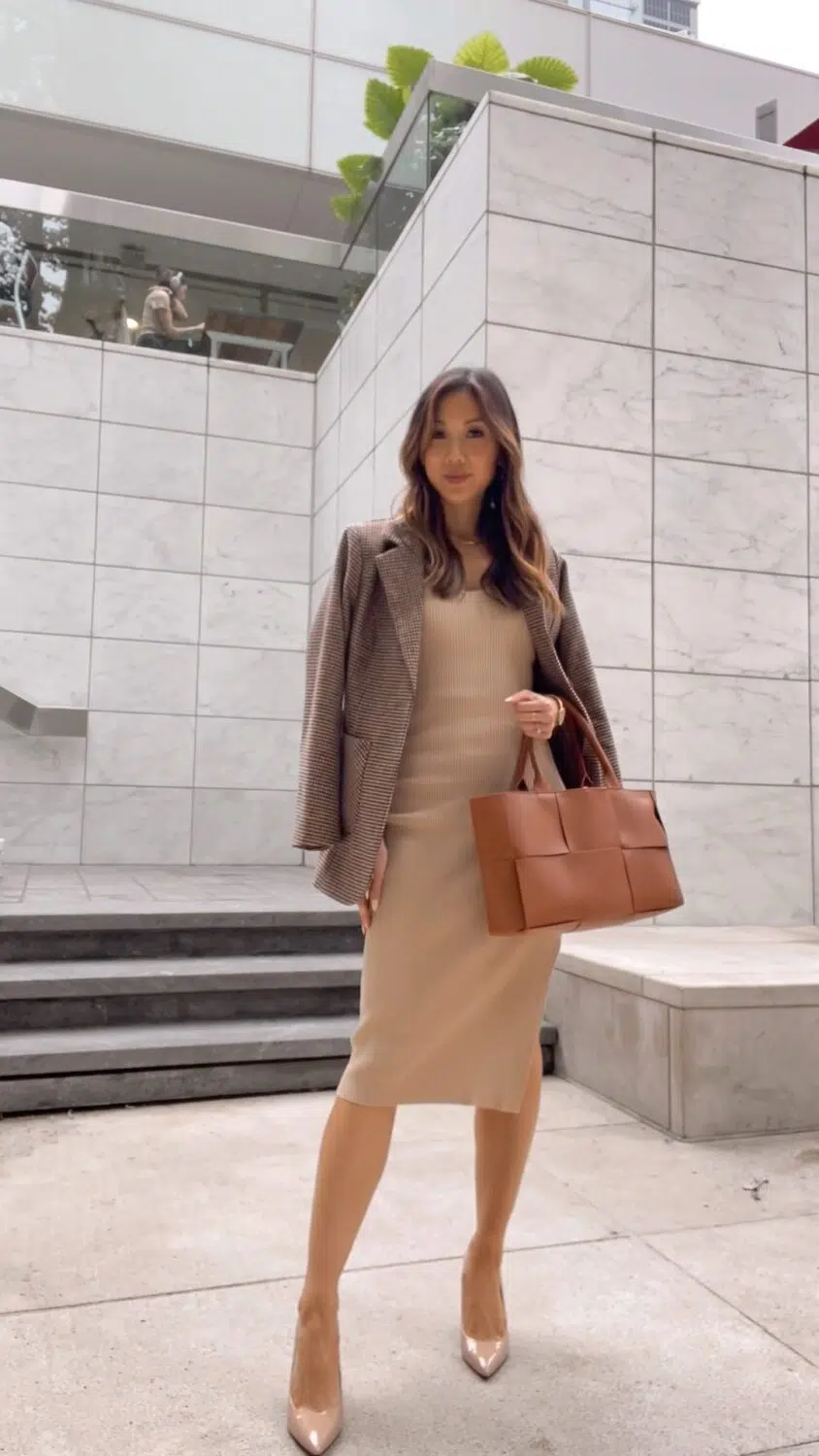 Fall workwear look with houndstooth blazer, knit pencil dress from Nordstrom, pointed patent toe pumps from Guess. Styled by Eileen Lazazzera of yesmissy.com