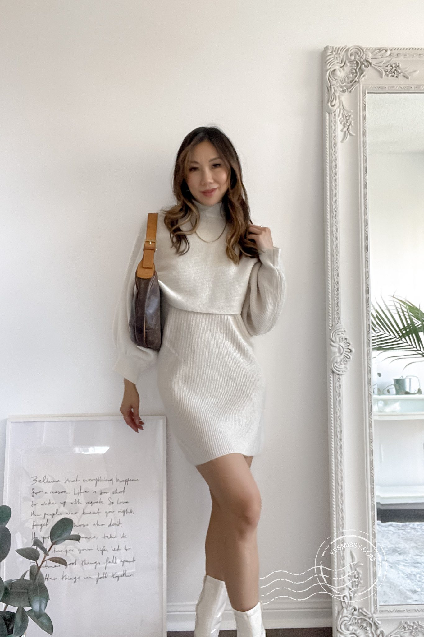 sweater dress set from J.ING styled with white boots and Louis Vuitton Croissant MM. More outfit ideas, beauty reviews, and wellness tips on yesmissy.com