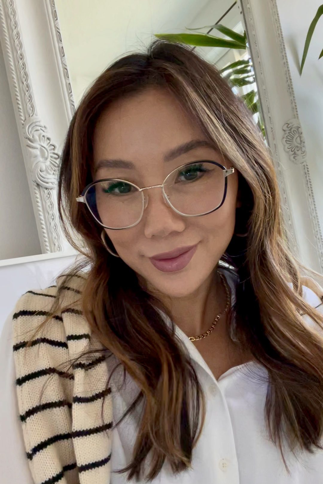 Fall back to school look with button down shirt, striped sweater and duo tone glasses from BonLook. More on yesmissy.com
