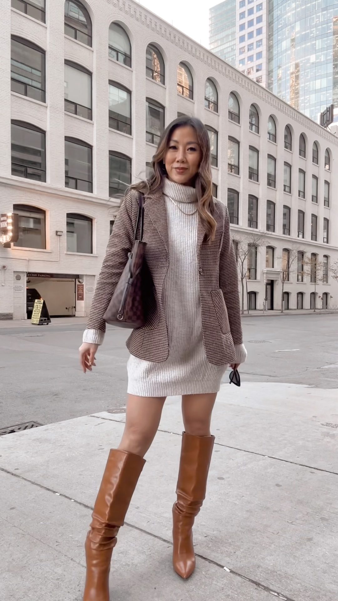 winter workwear look - houndstooth blazer, sweater dress and knee high boots. Styled by Eileen Lazazzera of yesmissy.com. Canadian Fashion Lifestyle Blogger