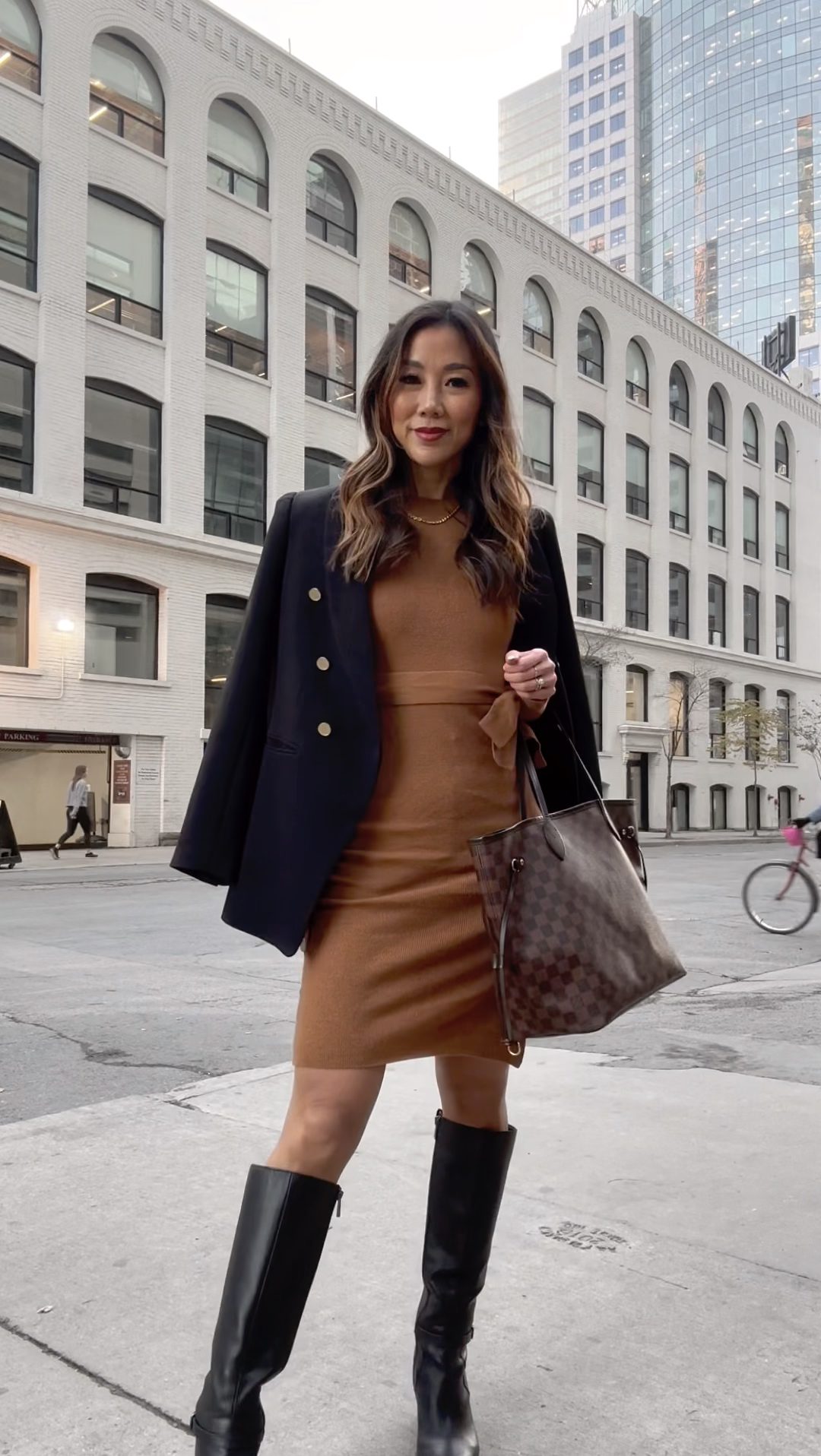 Best Basic Blazers - winter outfit with black blazer and brown sweater dress with knee high boots. Styled by Eileen Lazazzera of yesmissy.com