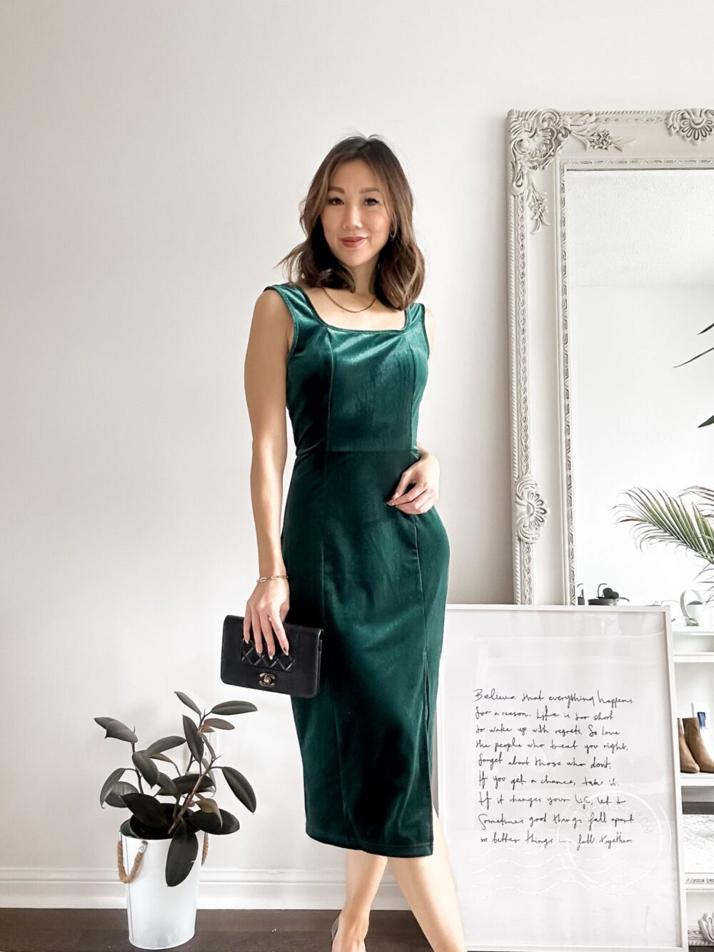 Holiday Party Dresses from SHEIN - green velvet dress with square neckline. More holiday outfit ideas on yesmissy.com