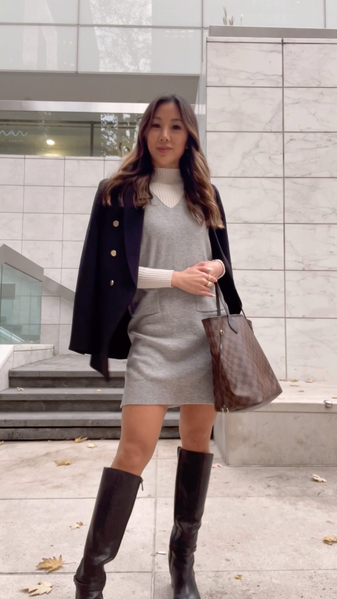 Basic Blazers for Everyday - Black blazer outfit with sweater dress and boots. More on yesmissy.com