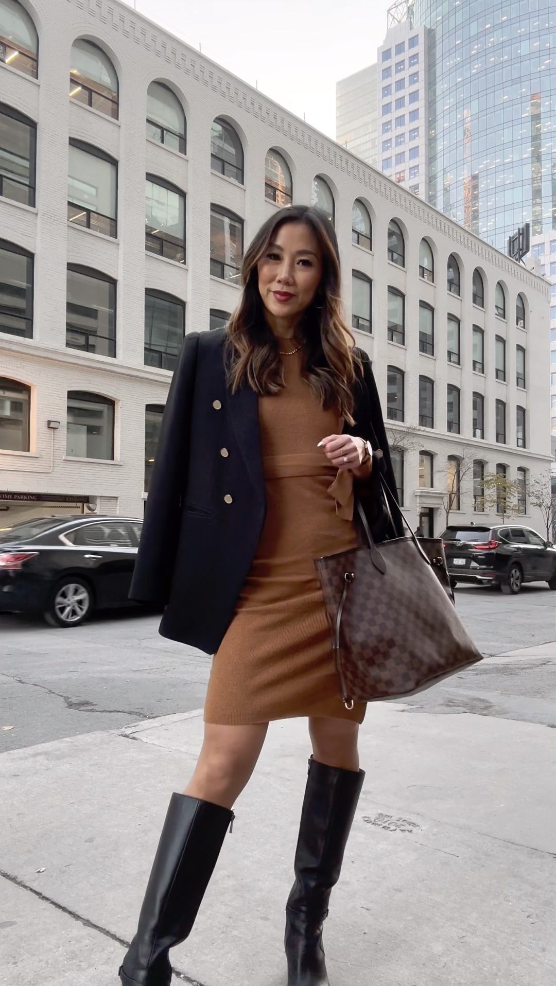 Best Blazer for Women - Club Monaco Blazer with Brown dress and boots. More details on yesmissy.com