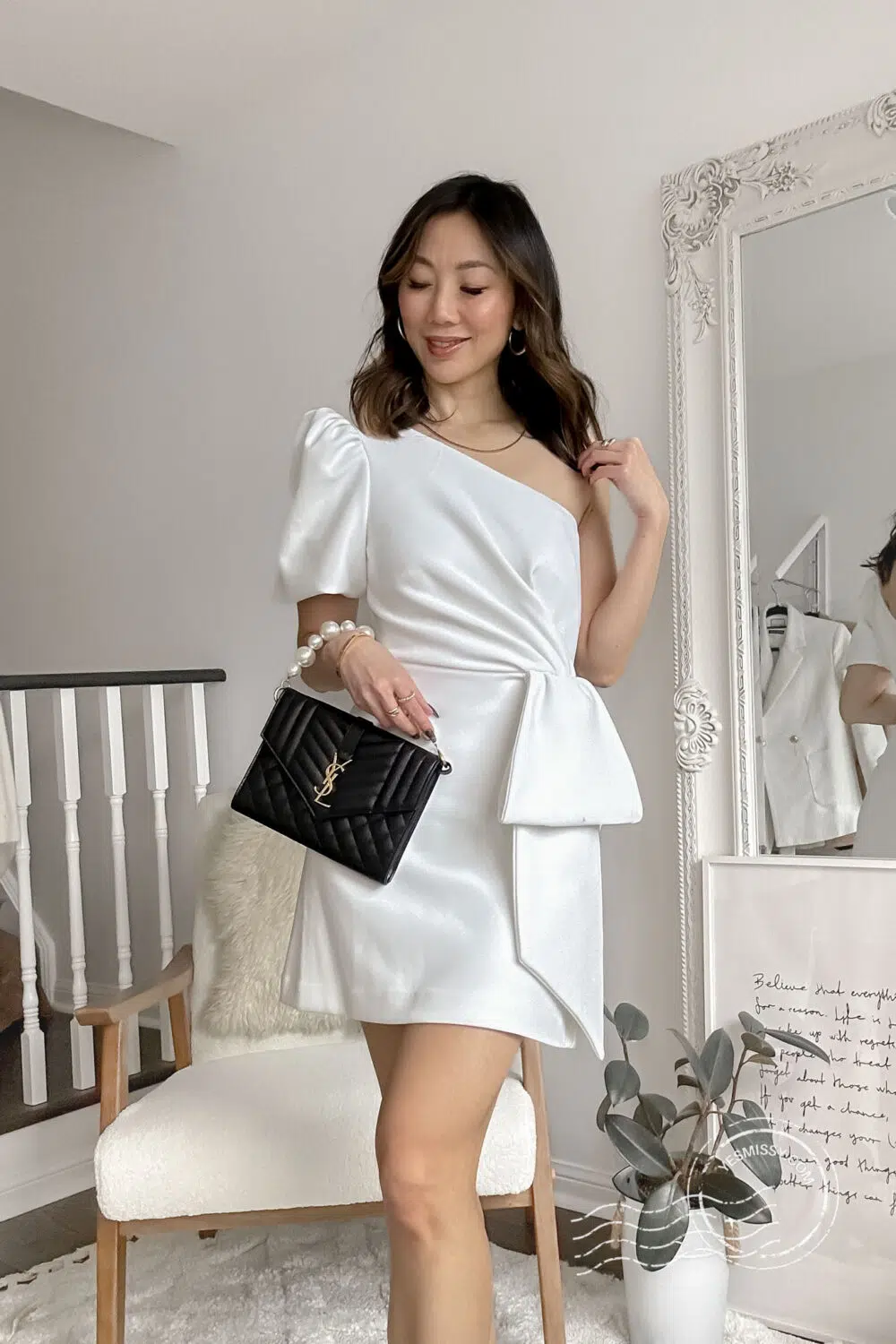 Date night outfit with white dress from Ever new and Saint Laurent envelop clutch converted into a shoulder bag with this best bag hack!