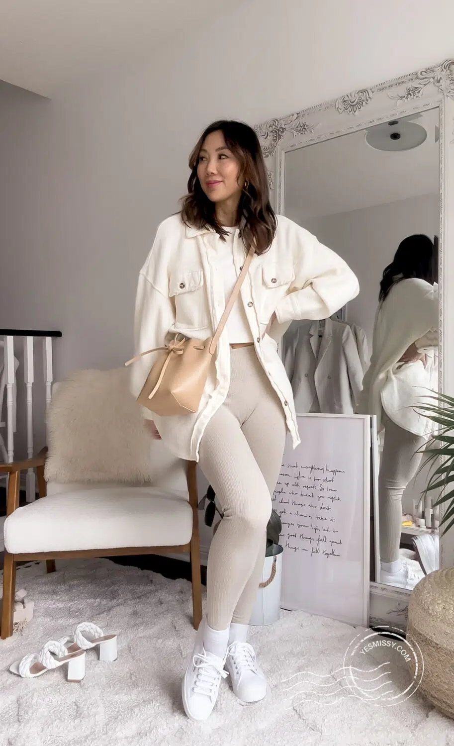 Styling my new Mansur Gavriel bag and Superga Sneakers from Luisaviaroma in a casual look with leggings and a shacket for summer. 