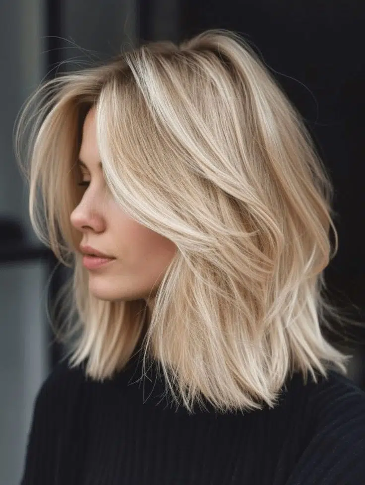 Highlights with shoulder length bob haircut with bangs