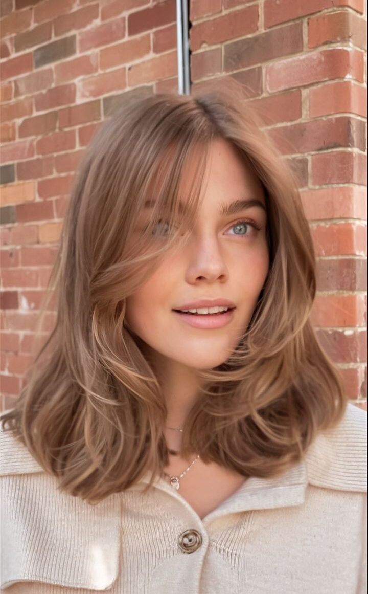 Trendy mid length cut with face framing bags and long layers.