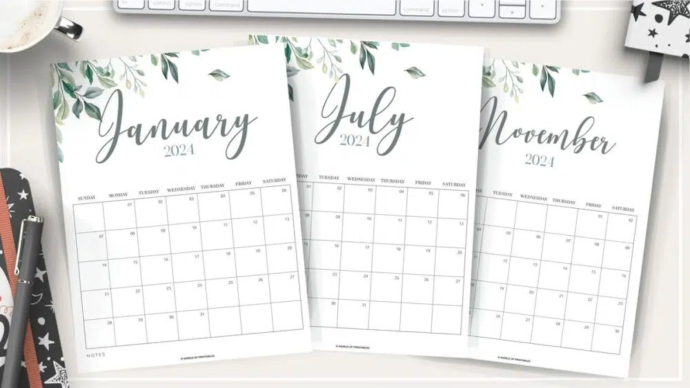 Botanical plant monthly calendar for 2024 - free to download and print